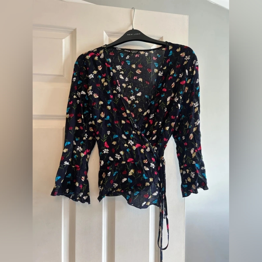Black Floral Wrap Blouse
